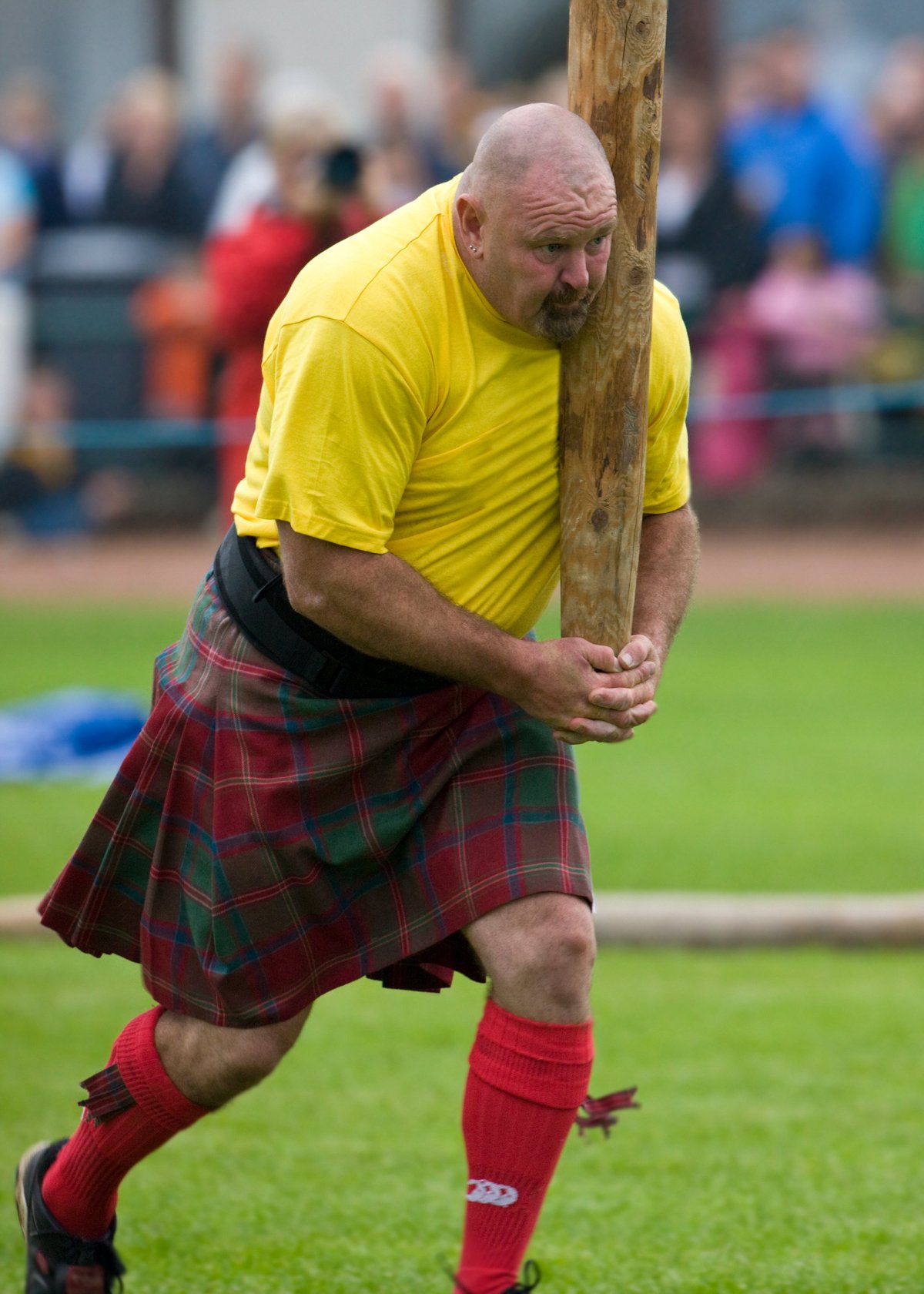 Sportsman 'tossing the caber' at the Cowal Gathering - a traditional Highland Games near Dunoon on the Cowal Peninsula in Scotland.