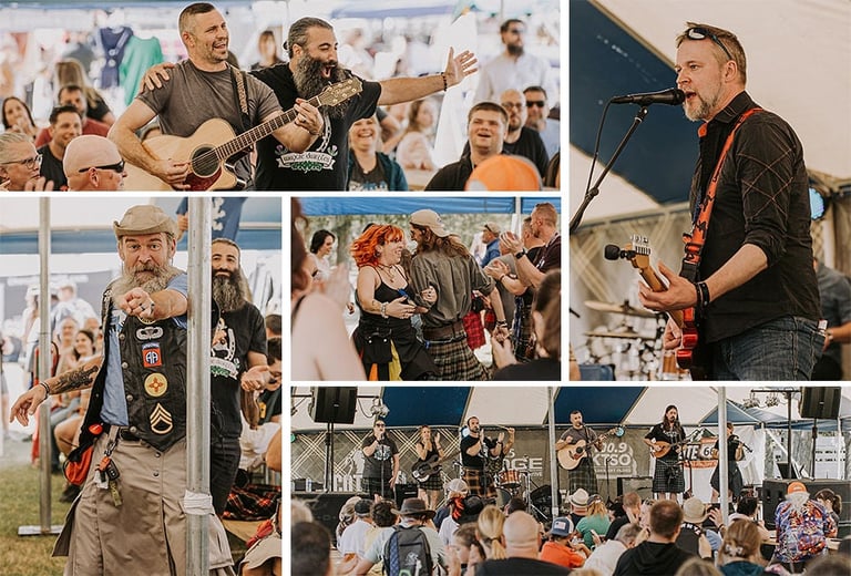 Collage of outdoor music festival performances featuring musicians on stage with crowds of attendees throughout various scenes