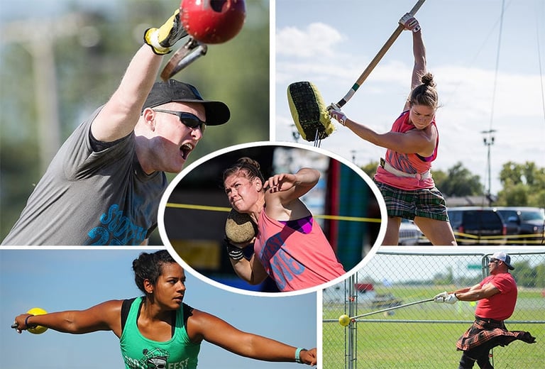 Collage of five young athletes competing in various track and field sports including discus, javelin, shot put, and other field events