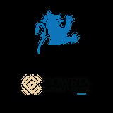 Blue heraldic lion symbol above geometric diamond logo on black background