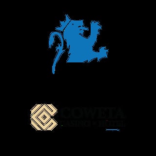 Blue heraldic lion symbol above geometric diamond logo on black background