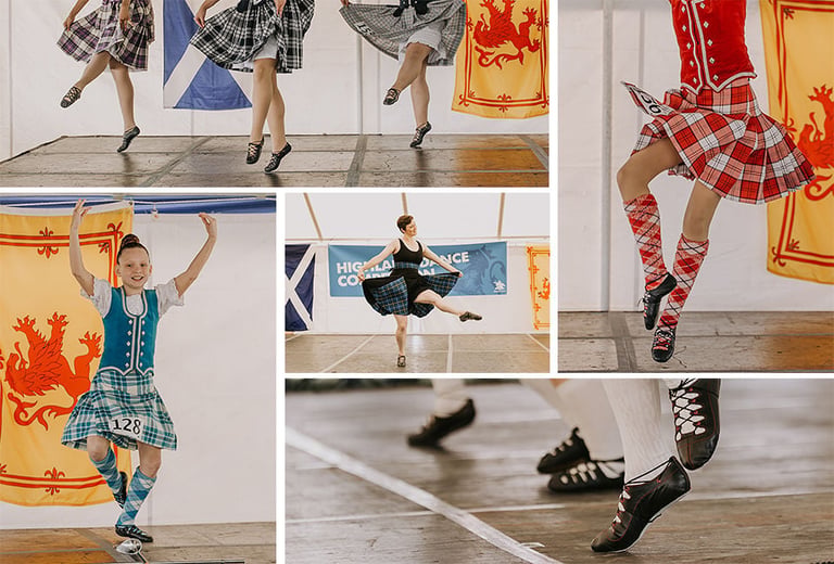 Collage of Scottish Highland dancers performing in traditional kilts and ghillie shoes, showing various dance moves and poses