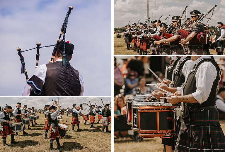 Collage of Scottish Highland Games showing bagpiper, marching band, spectators, and traditional drum performers in kilts