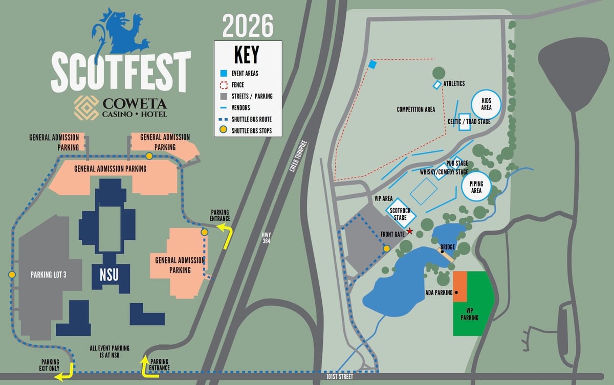 ScotFest 2026 venue map showing casino hotel, parking, and event grounds layout with directional key.