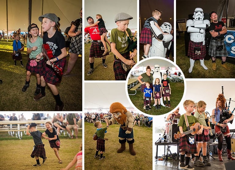 Collage of children at outdoor event wearing costumes and sports uniforms, participating in games and activities on grass field